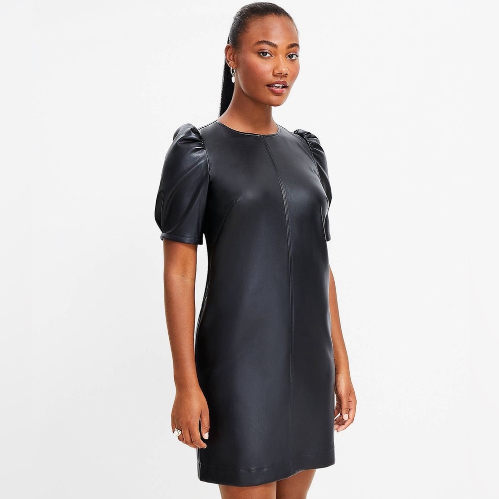 Faux Leather Ruched Sleeve Mini Dress from LOFT in size 12. Worn a few times.